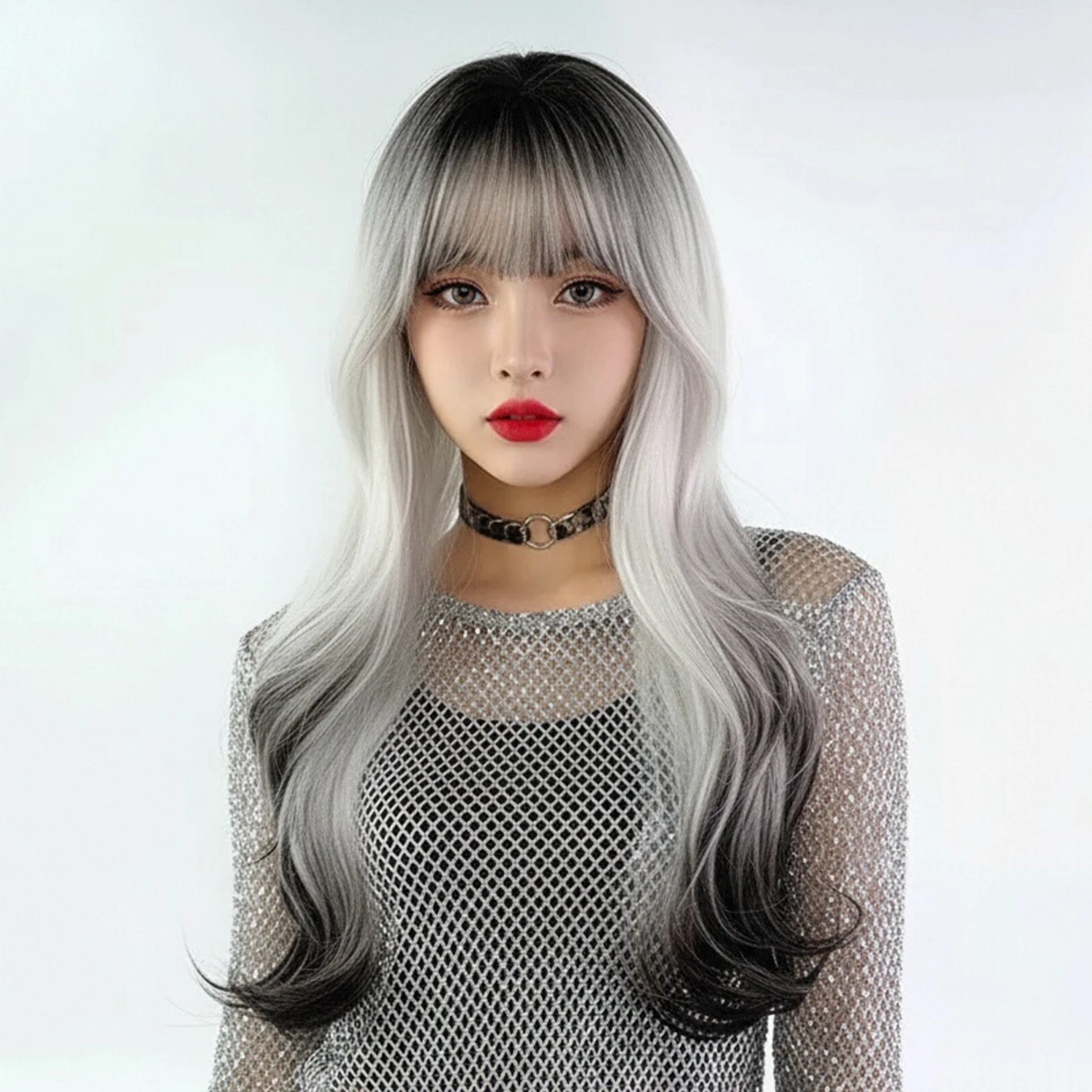 

Длинные волнистые черные белые синтетические женские парики с эффектом омбре, пушистый термостойкий парик Лолиты для косплея с челкой для повседневной вечеринки