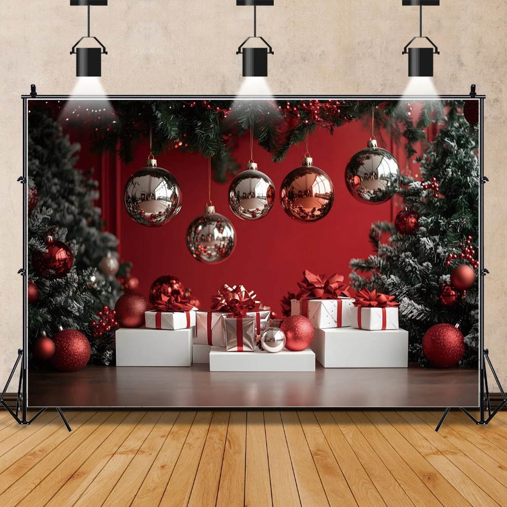 Christmas Vintage Disco Silver Balls Red Wall Background Gift Xmas Tree Party Children Portrait Photography Backdrop Studio Prop