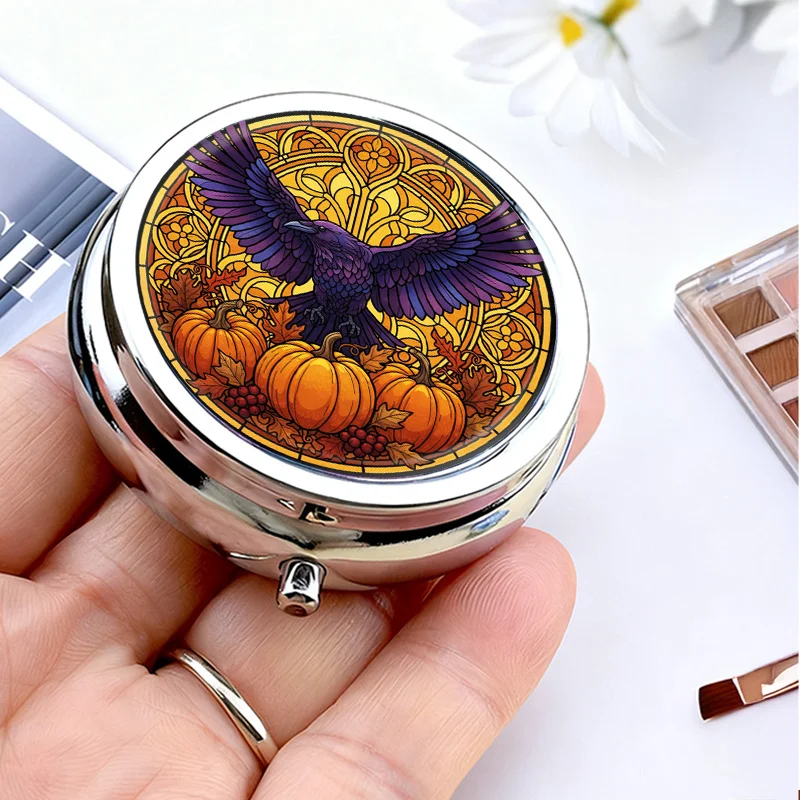 Portable Metal Pill Box, 3-Compartment Small Pill Box, Gothic Colored Glass Crow Pumpkin Halloween Medicine Storage Box, Travel Vitamin Box, Autumn Harvest Design Decorative Storage Box, Durable Unique Creative Gift, Unisex