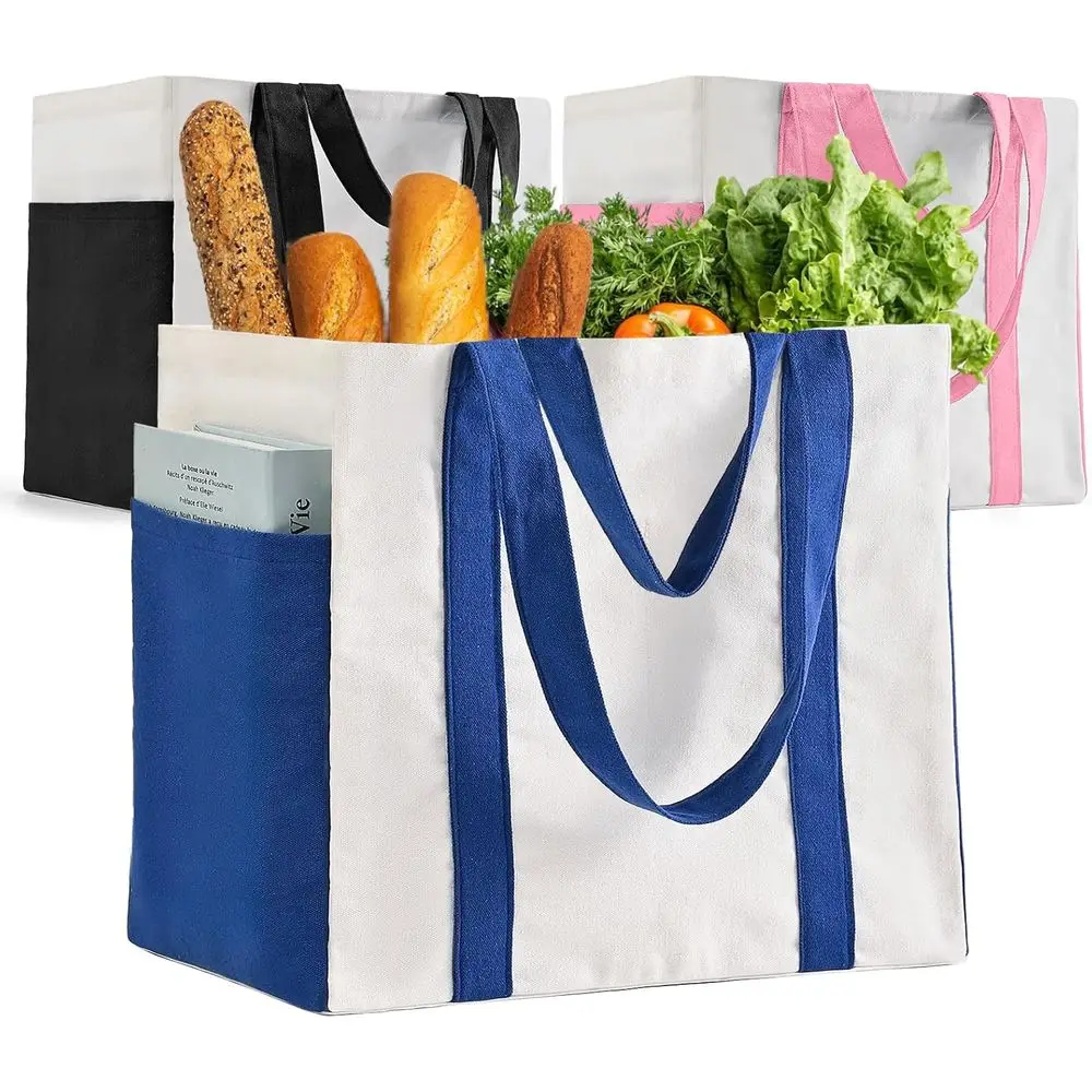 

Набор из трех прочных хлопковых холщовых сумок с усиленными ремнями, большими многоразовыми сумками для продуктов с карманами для бутылок и боковым карманом