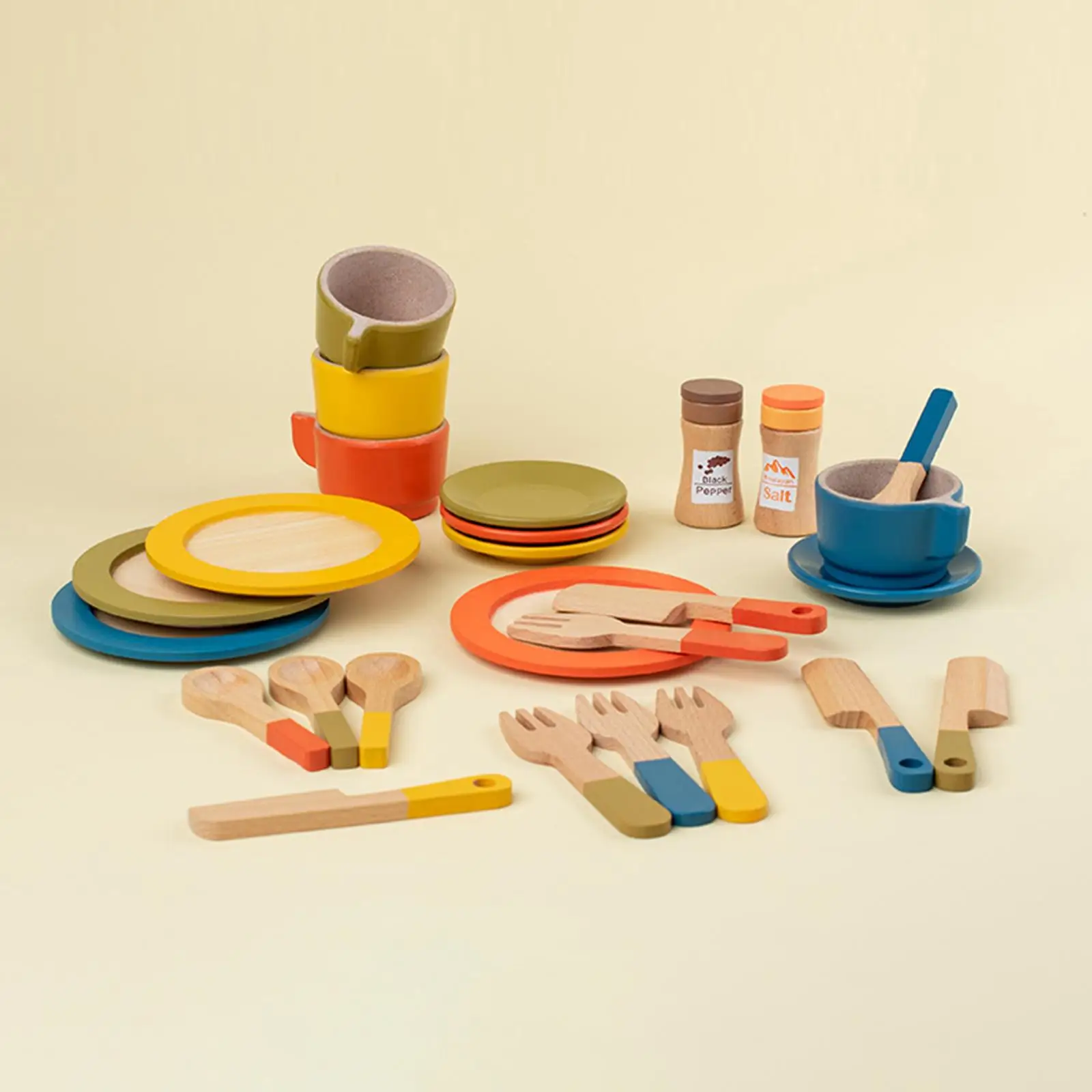 Wooden Toy Plates Dishes Montessori Color Matching, Role Play Cutlery Plate Set Pretend Play Playset for Kids Children