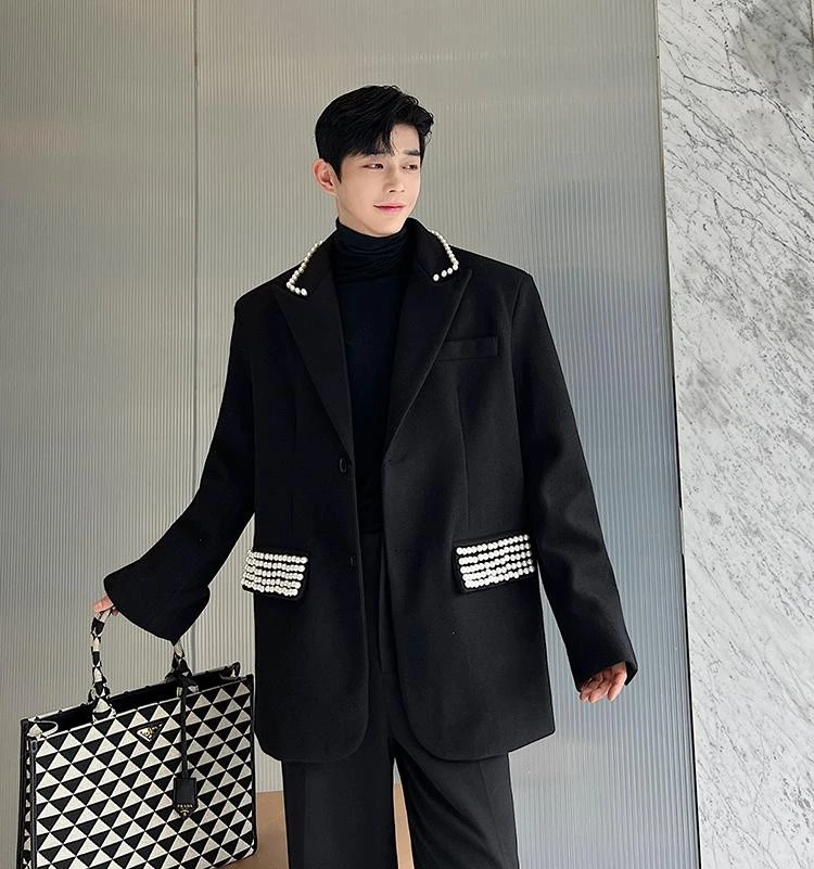 

Korean Sle Pearl Decorated Men's Woolen Suit Jaet Loose Fit Trendy Casual Coat Youth ular Mid-Length Straight Hem