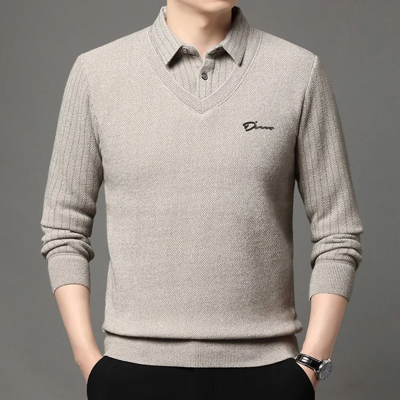 جودة فاخرة الرجال التلبيب وهمية قطعتين طويلة الأكمام تي شيرت شتاء جديد طباعة أفخم سميكة البلوز محبوك ملابس رجالية عادية