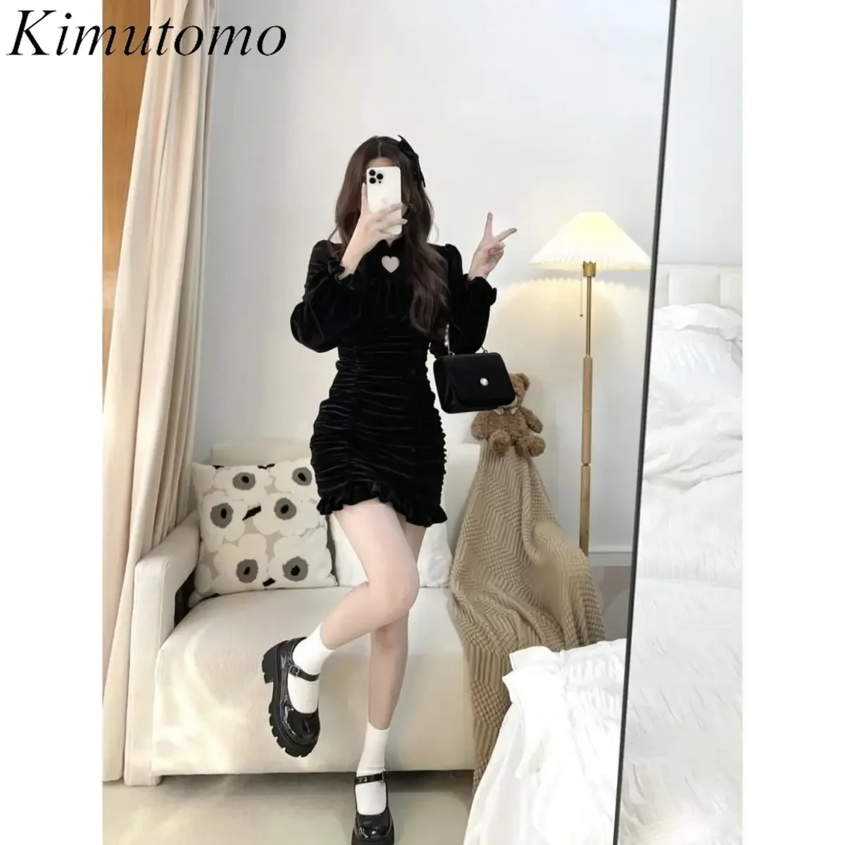 Kimutomo Heart Shape Cut Out Velvet Dress for Women Stand Collar Pleated Hip Mini Dresses Celebrity Hepburn Style Sexy Vestidos