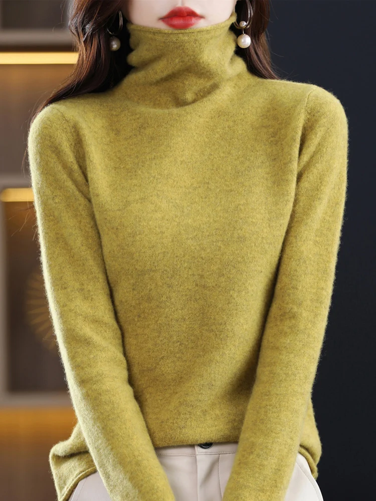 

Chic Autumn Winter Warm Soft Sweater Elegant Grace Turtleneck Pullover Women's 100% Merino Wool Knitwear Solid Clothing Tops