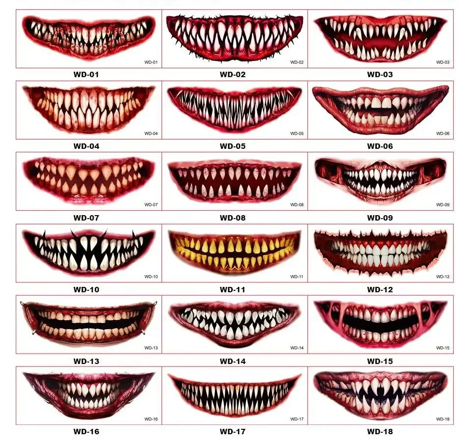 Halloween Scary Big Mouth Tatuagem Temporária, Adesivo Impermeável, De Longa Duração, Não Estimular, Segurança, Enviado Aleatoriamente, 18 Estilos