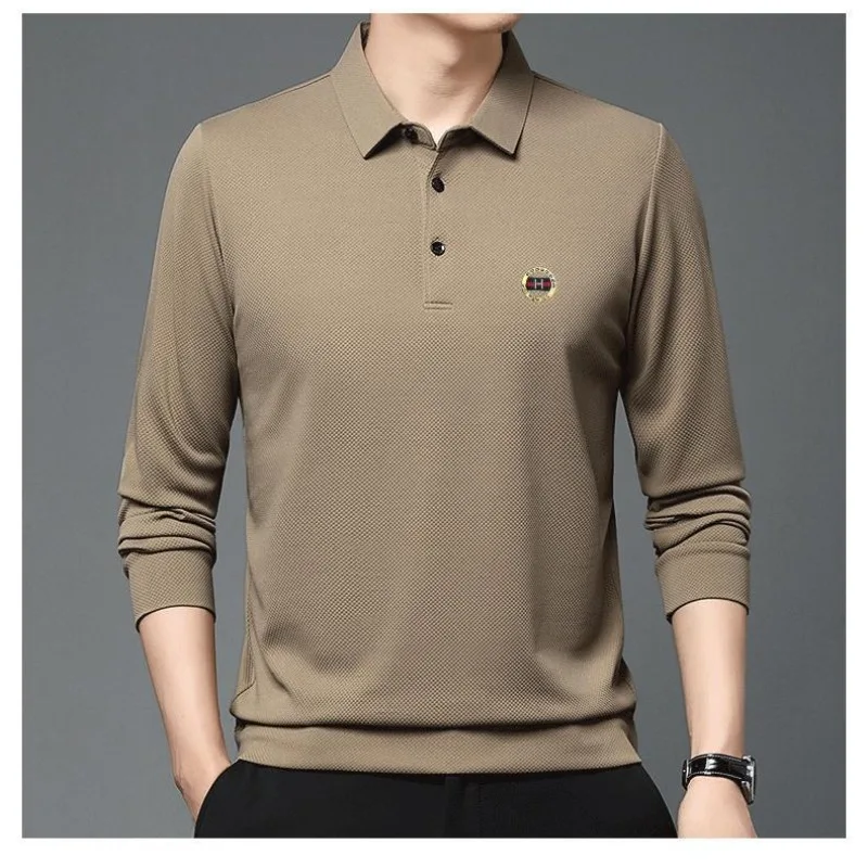 

Spring and Autumn Men's Pullover Polo Button Solid Letter Epaulet Long Sleeve T-shirt Polo Bottom Fashion Casual Formal Tops