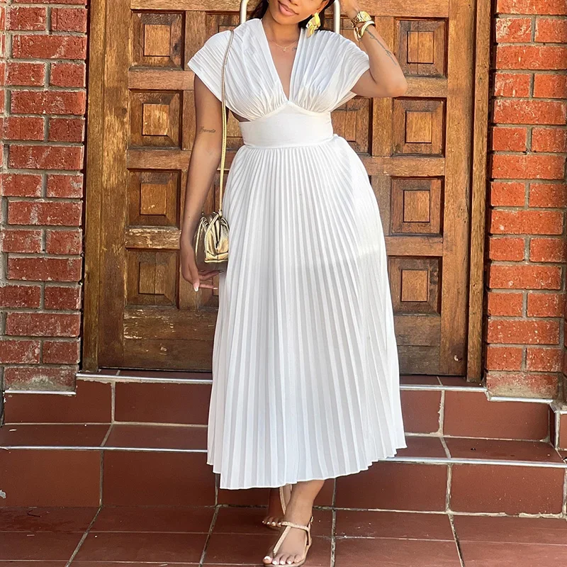 

LIBIELIY Sexy V-neck Short Sleeves Solid Color Dress Elegant Temperament Summer Long Dress Women Fashion Pleated Hight Waist Ma