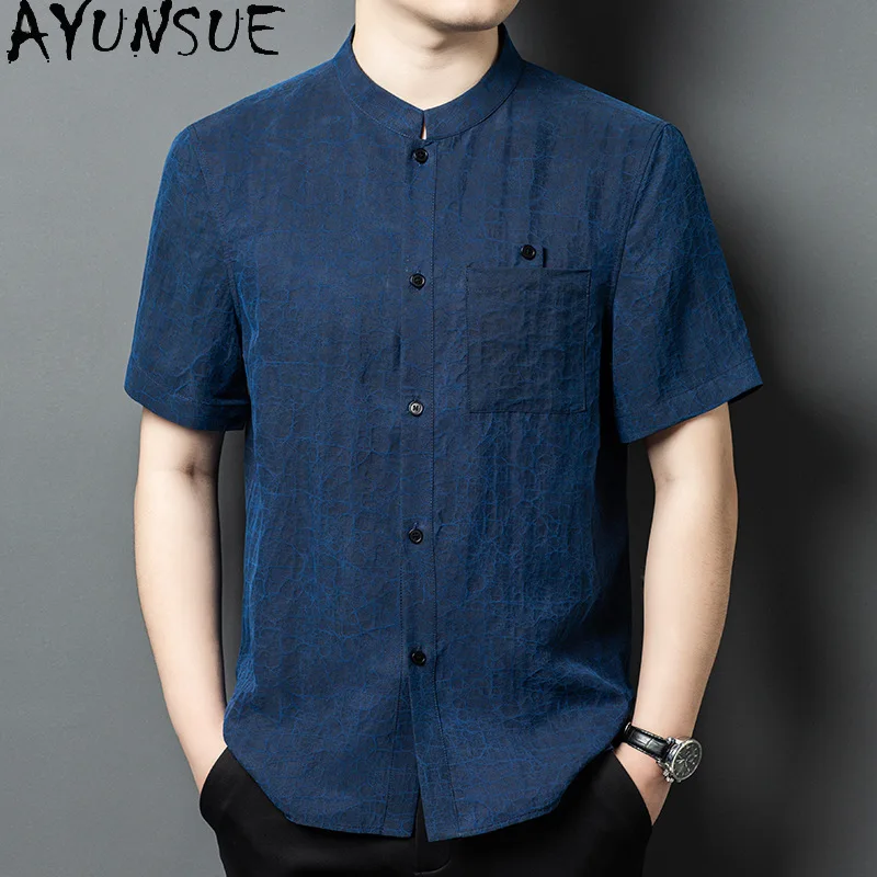 AYUNSUE 100% Natural Mulberry Silk Shirts for Men Summer 2026 Luxury Watered Gauze Shirt Short Sleeve Shirts Reversible Tops