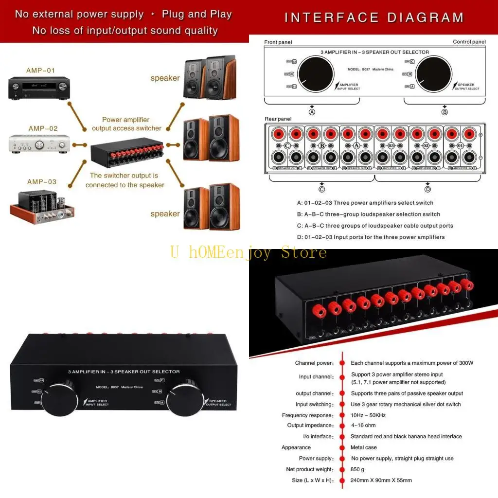 

B0KF Селекторный переключатель сигналов с 3 входов на 3 выхода 3 входа усилителя и 3 выхода динамика Селекторный переключатель