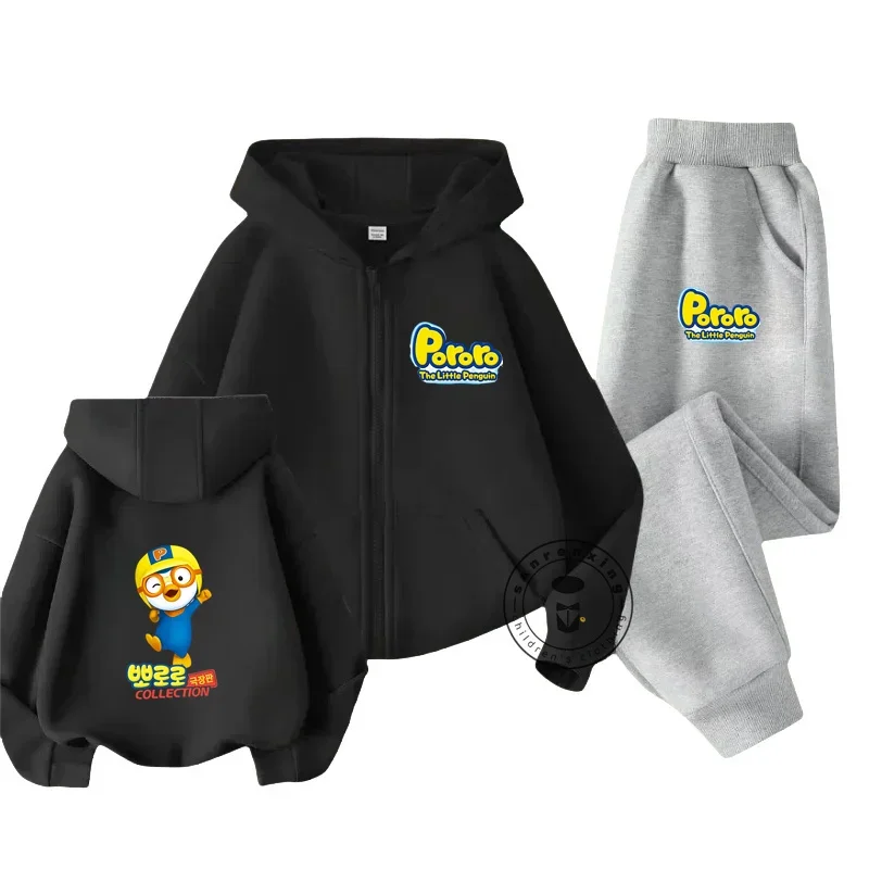 2025 Kawaii Pororo Hoodie Set for Girls Anime Hoodies Pants 2pcs Kids Cartoon Teen Tracksuits Toddler Clothes Sport Suit