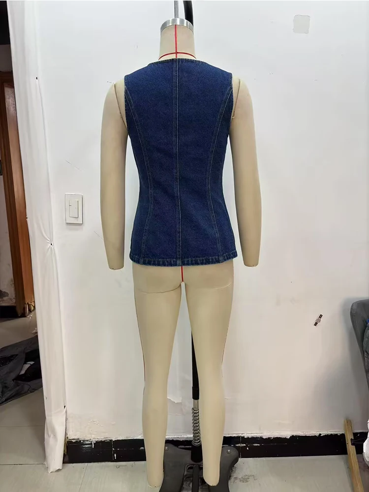 Chalecos vaqueros de verano para mujer, abrigos 2025, moda sólida con cuello redondo, un solo pecho, elegante chaleco ajustado de calle para mujer, prendas de vestir exteriores