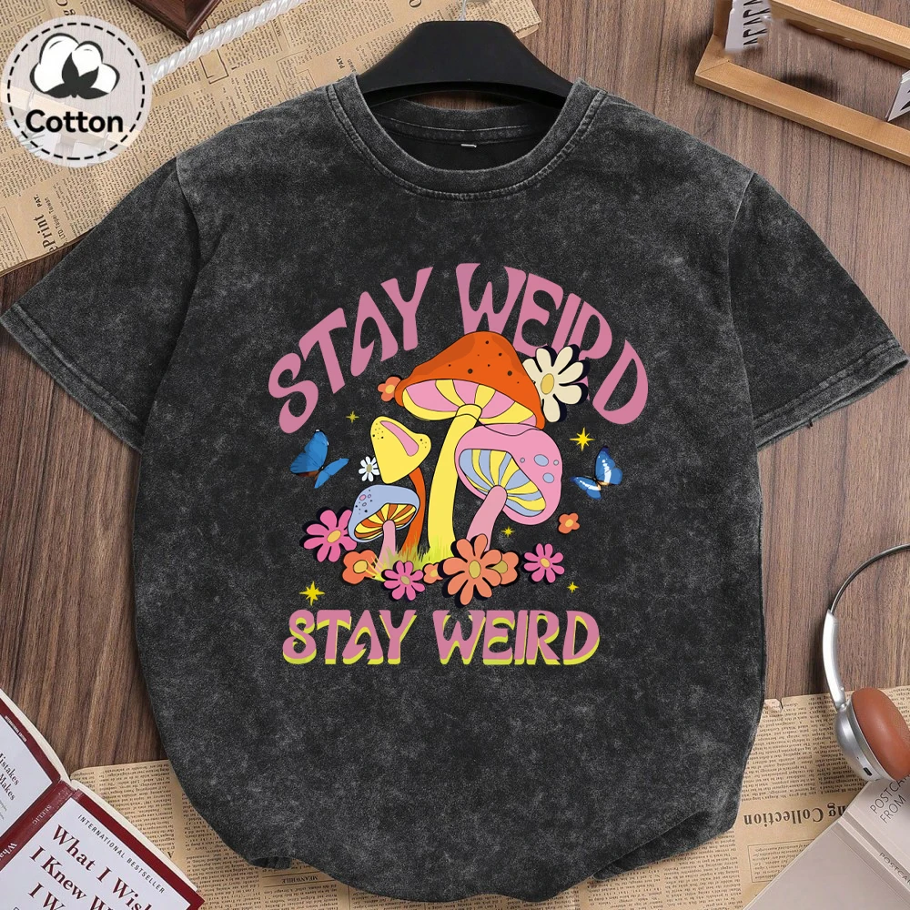 Mushroom Stay Weird Printing Washed T-Shirts Womens Cotton Oversized T Shirt Casual Distressed O-Neck Tops Summer Womans Clothes