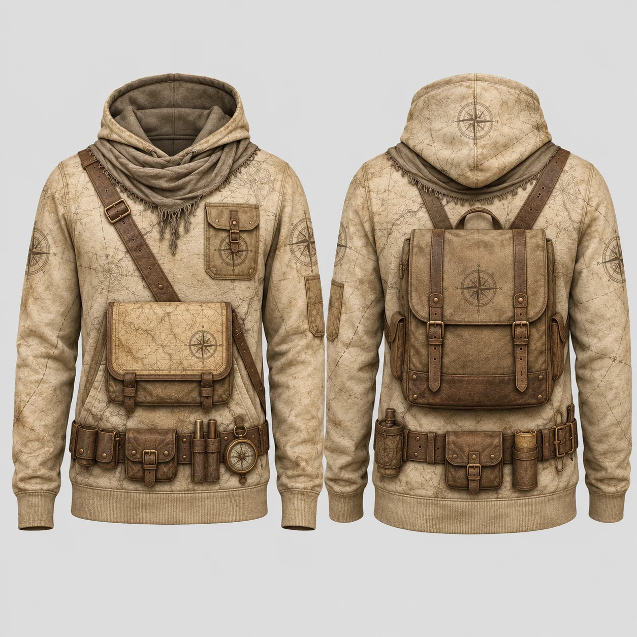 Vintage Explorer Utility Hoodie Men Khaki Brown 3D Sublimation Print Flat Graphic Pullover Sweatshirt Outdoor Streetwear
