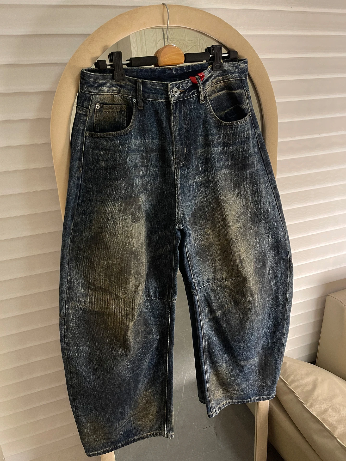 

Parisian Style American Retro Faded Wide Leg Men's Jeans Trendy Loose Straight Cut Dad Pants Cotton Denim Casual Wear