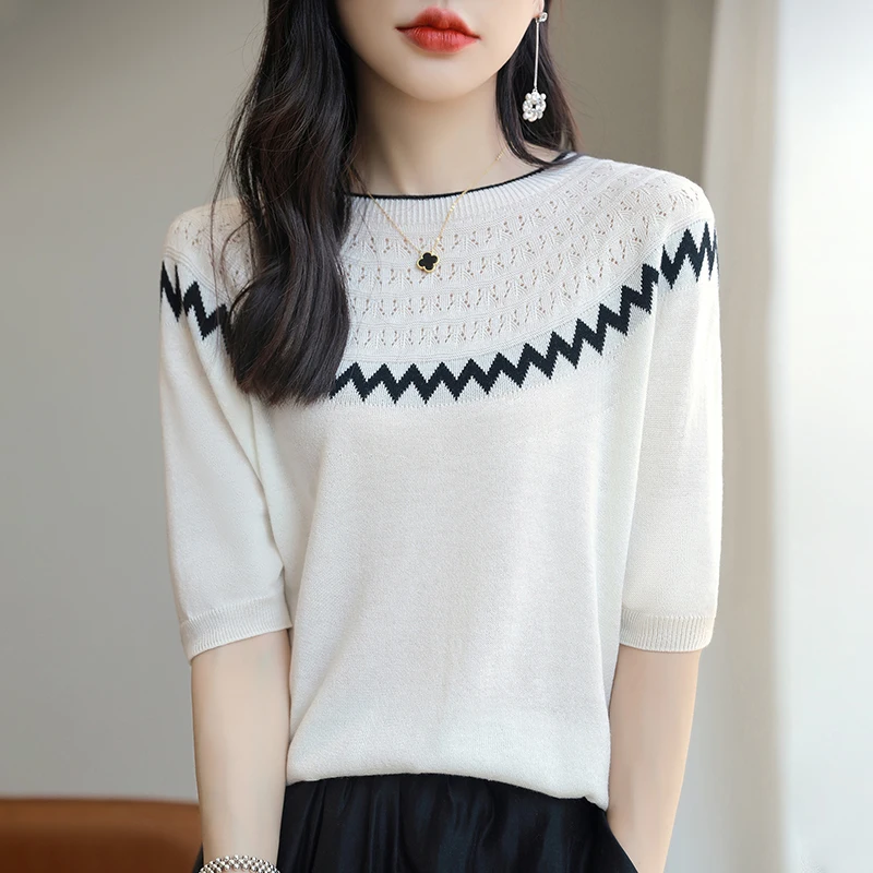 Knitted Tees Summer Jumper Basic Mulberry Silk Tops Women's Casual Hollow Head Half Sleeve Loose Round Neck Knitted Tees