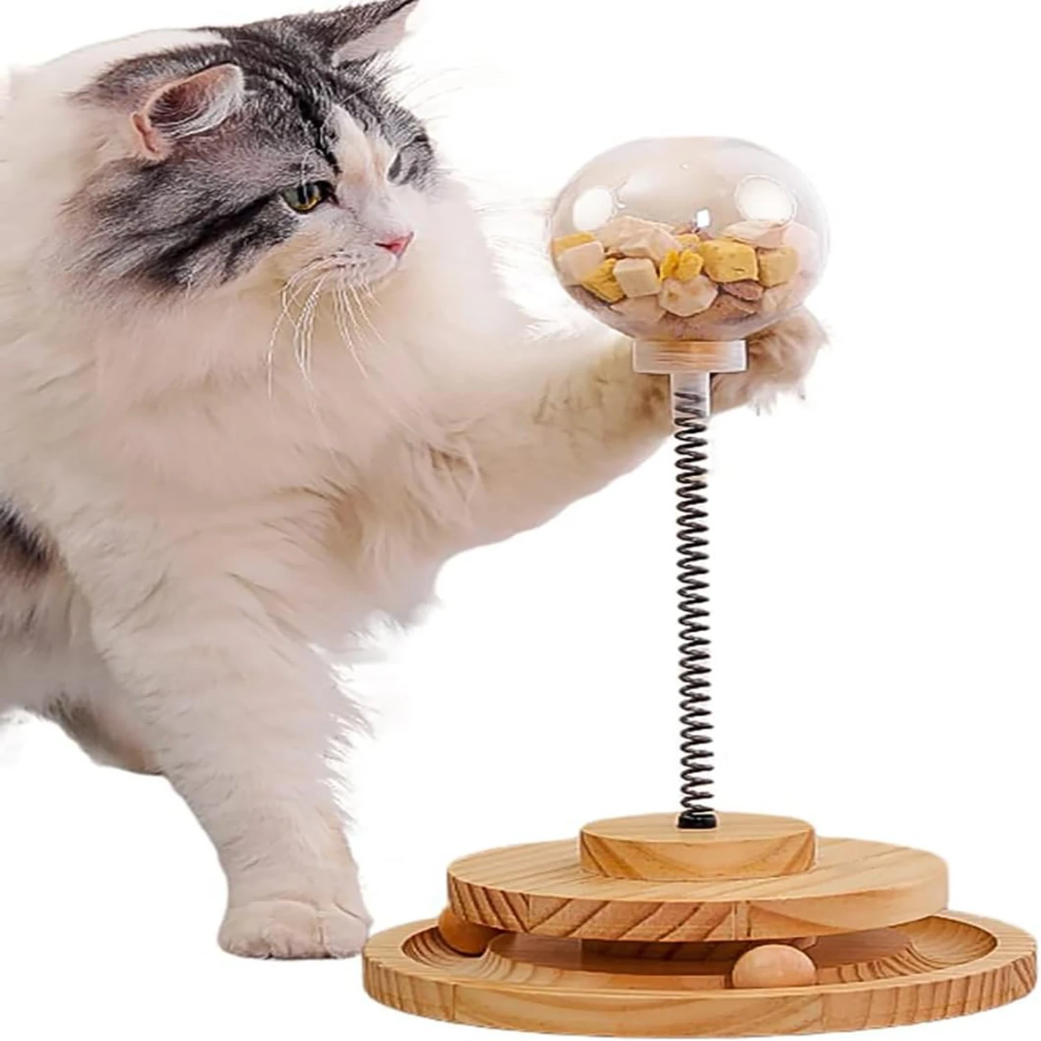 Engaging Interactive Leaking Treat Ball Feeder Cat Toy - Exciting and Stimulating Fun - Wood Spring Track Pet Toy for Mental Sti