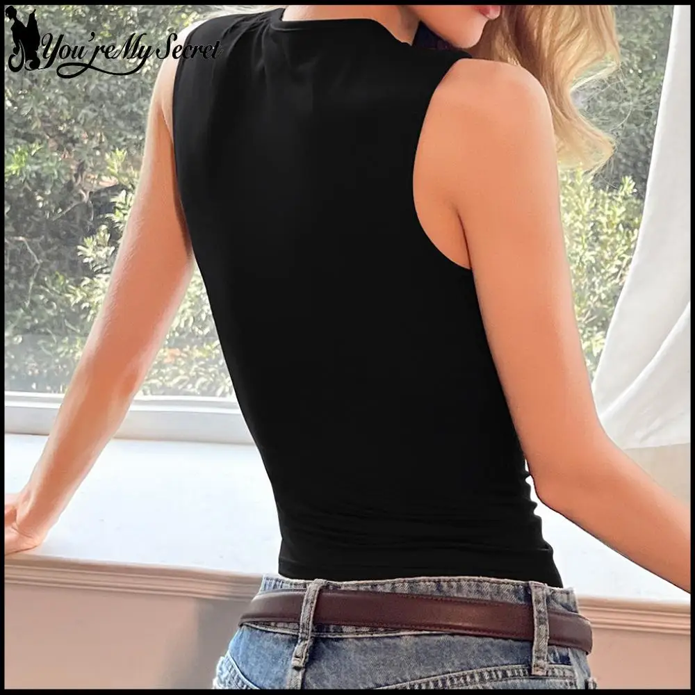 [You're My Secret] Sexy Bodycon Cutout Black Crop Top Women Fashion Sleeveless Brown Vest Summer Casual Night Club Outfits