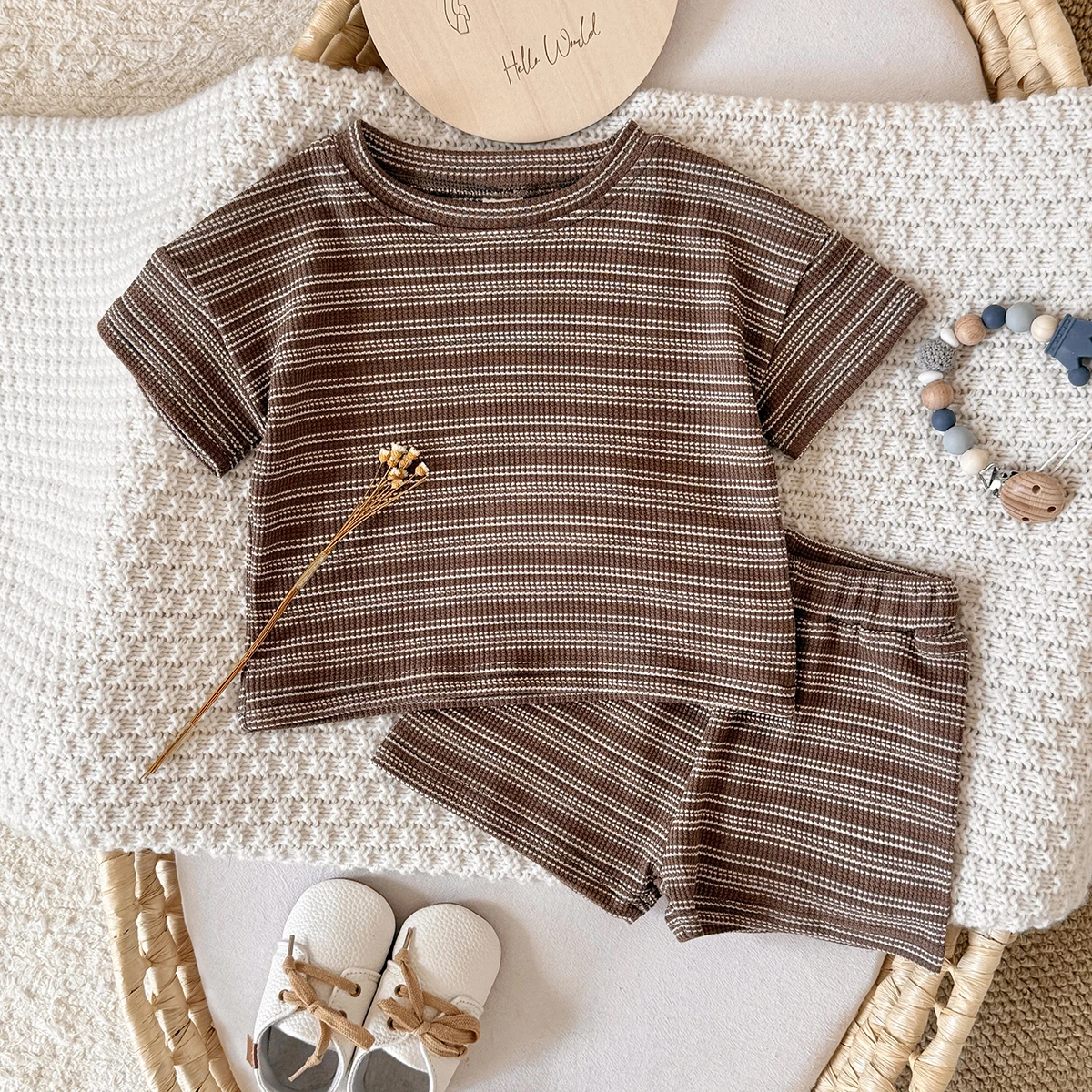Summer Kids Baby Girls Boys Brown Short Sleeve Striped Top Tees +shorts Pants Infant Cute  Clothing Set 0-3Y