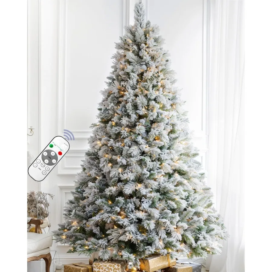 

8FT Pre-lit Snow Flocked Christmas Tree Spruce with Remote Control Featuring 650 Warm White Multi-Color Lights Artificial Hinge
