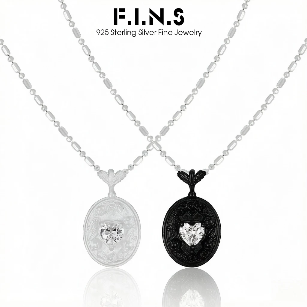 F.I.N.S Original Vintage Embossed Rose S925 Sterling Silver Oval Necklace for Women Geometric Heart-Shaped Zircon Pendants Gift