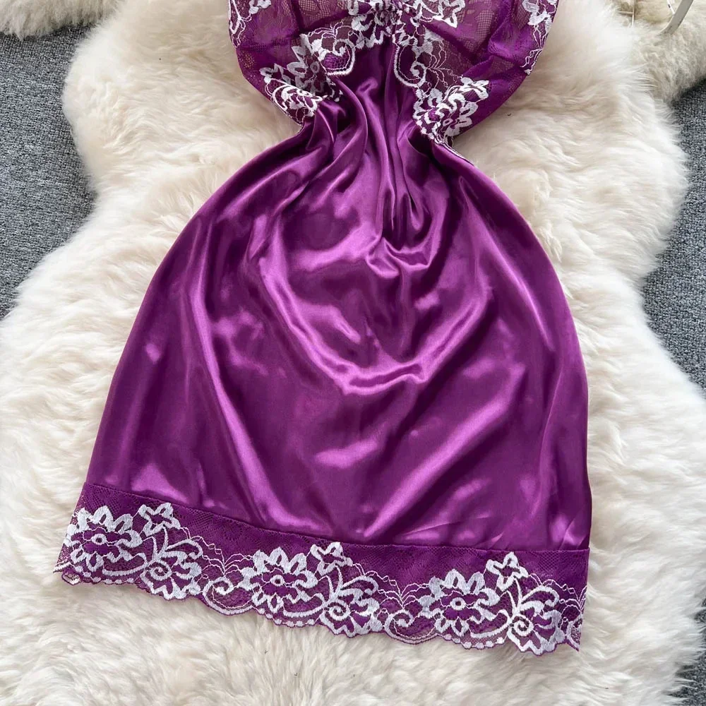 فستان سهرة نسائي مثير بدون أكمام بدون ظهر بيجامات إباحية مزهّرة دانتيل ملابس نوم مثيرة + ثونج من الساتان فساتين شفافة قصيرة