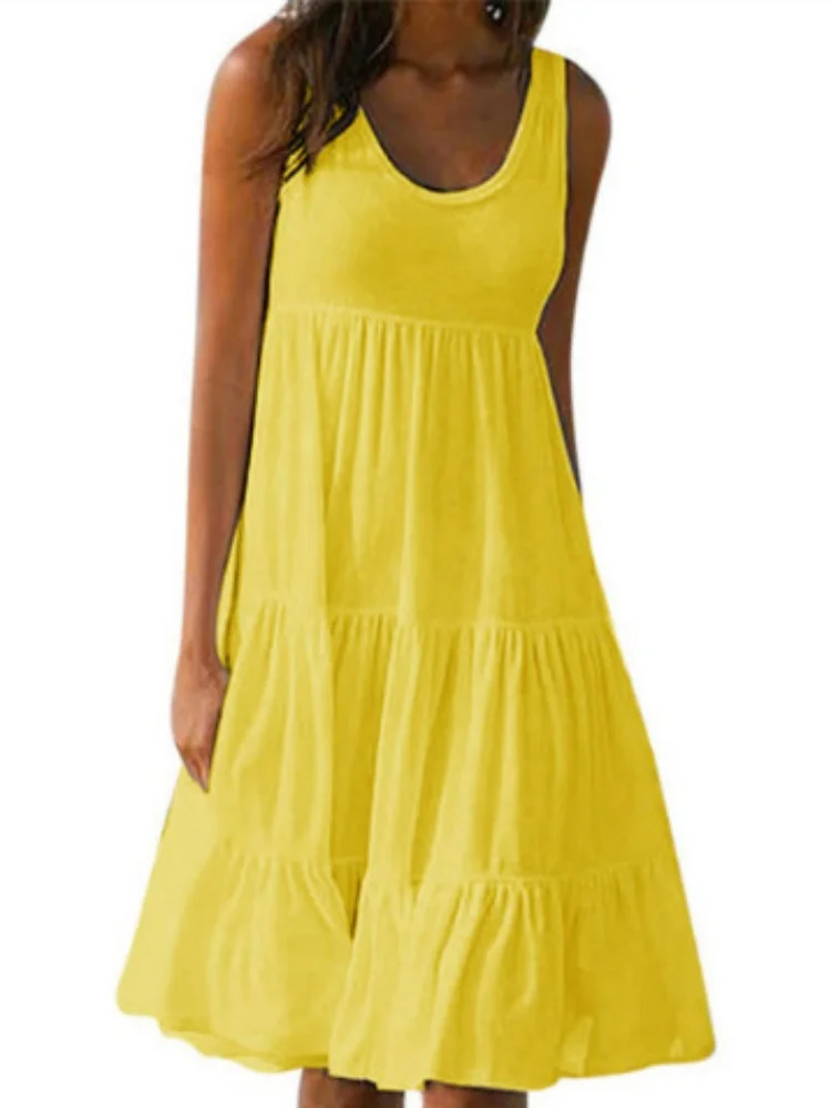 แฟชั่นฤดูร้อนชายหาดแขนกุดผู้หญิงแต่งตัว O-คอลําลองหลวมชุดสีทึบ