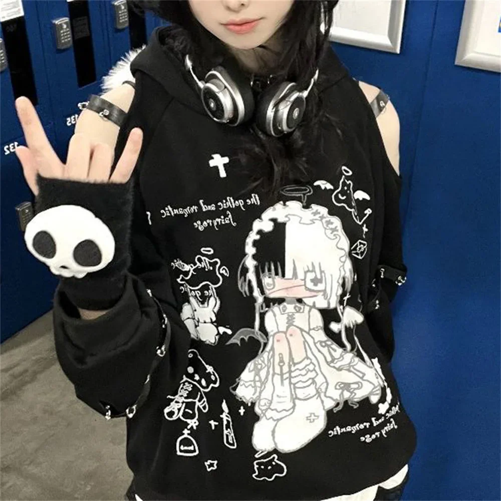 

Japanese Style Harajuku Subculture Cute Sweet Hoodies Angel Cartoon Print Hooded Loose Anime Sweatshirts Girl Y2k Cat Ears Tops