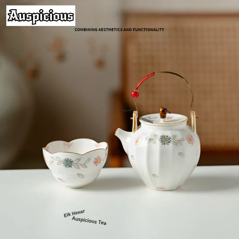 ZAEYORIA 240ml Hand-painted Floral Ceramic Lift Handle Teapot Retro Tea Infuser Pot Tea Maker Kettle With Strainer Tea Ceremony