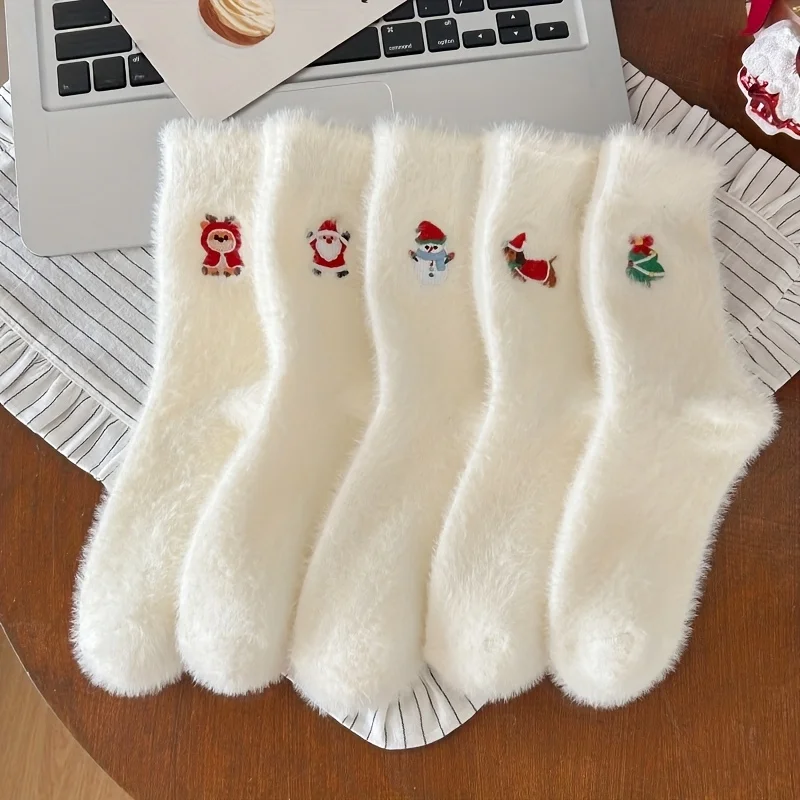 5-Pair White Plush Christmas Winter Mid-Calf Socks for Teen Girls, Warm Casual and Home Dress with Embroidery, for Teenager