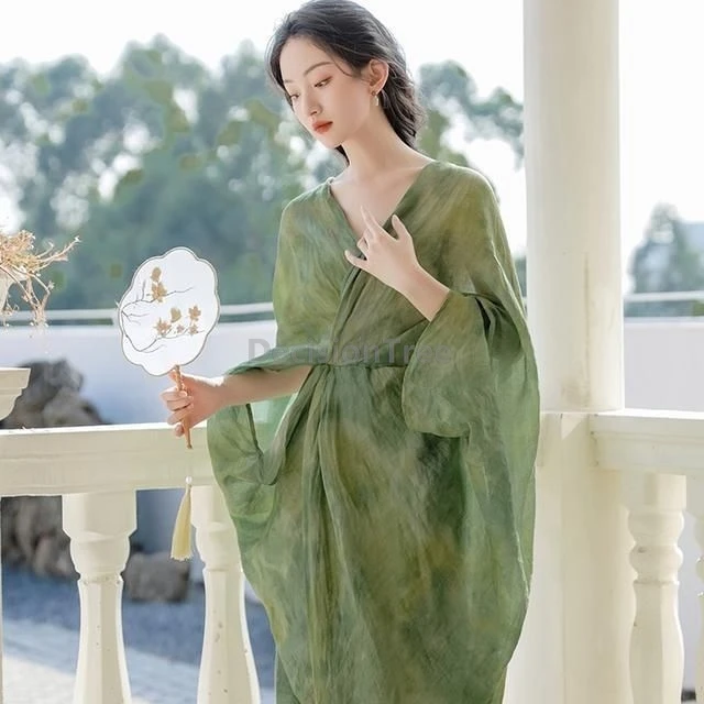 Elegant Chinese style Hanfu Dress Tie-dye Effect Green Printed Loose Robe With undear dress Fairy Women Summer Daily Dress Set view 5