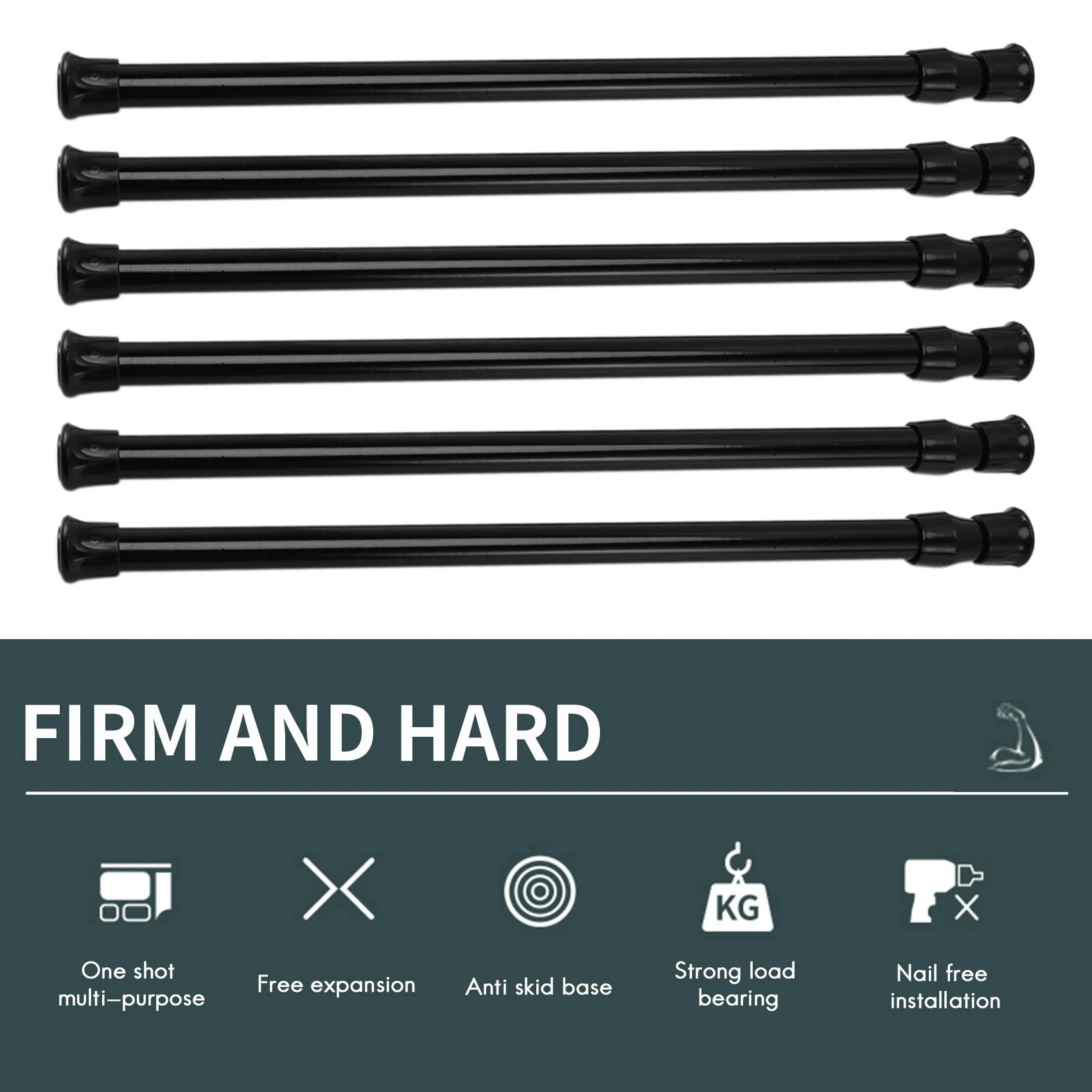 A23E-Small Tension Rods For Cabinets Cupboard Bars For RV Closets Refrigerator, Spring Rods 11.8 To 19.6 Inches, 6 Packs (Black)