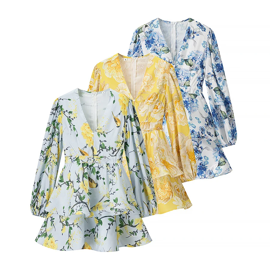 Vestido E de Manga Bufante em Linho com Estampa e Decote em V para Mulheres, Novo para o Outono