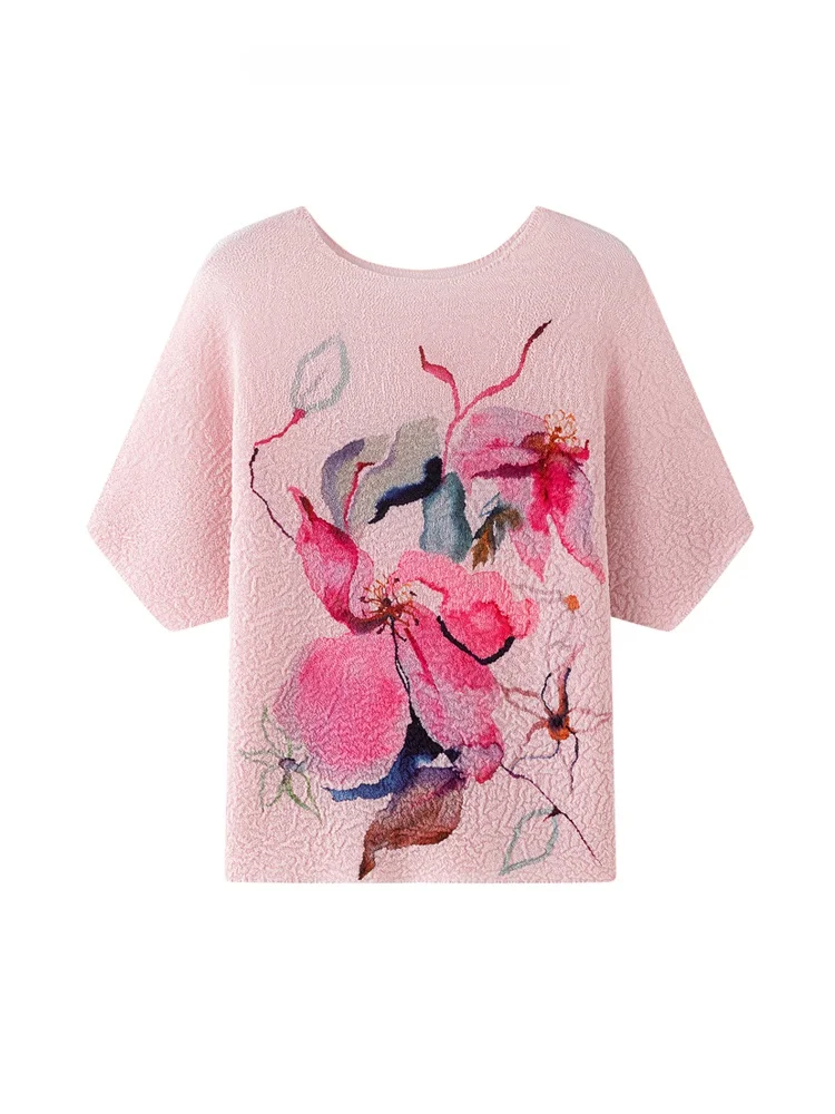 

Модная футболка с принтом, круглым вырезом, коротким рукавом, свободного кроя, из полиэстера, летний топ, элегантная жатая рубашка большого размера, универсальная модель