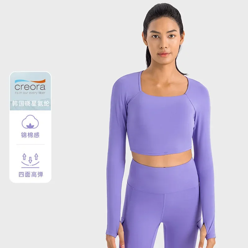 Creora Xiaoxing sexy mesh splicing sports long sleeved T-shirt with chest cushion for women, slim yoga suit workout set