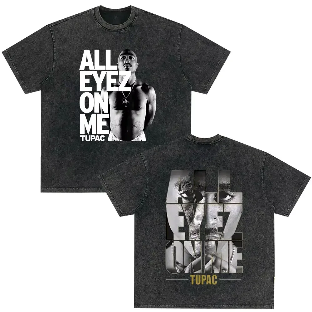 Camiseta de rapero Vintage lavada Tupac 2pac Shakur All Eyez on Me para hombres y mujeres, camisetas Retro de gran tamaño de Hip Hop, camiseta de moda para hombres