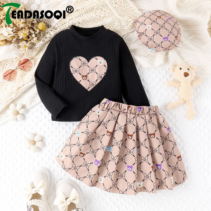 

4-7Y Autumn Children Girls Outfits Long Sleeve Ribbed Heart Print Cartoon Bear Tops+Pleated Skirt+Beret Kids Clothes 3Pcs Set