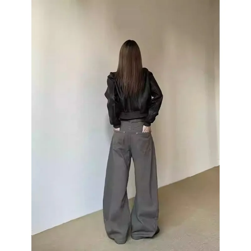 جينز أمريكي عتيق بني واسع الساق للخريف والشتاء سروال نسائي ضيق متعدد الاستخدامات على شكل موز بنطلون فضفاض عالي الخصر