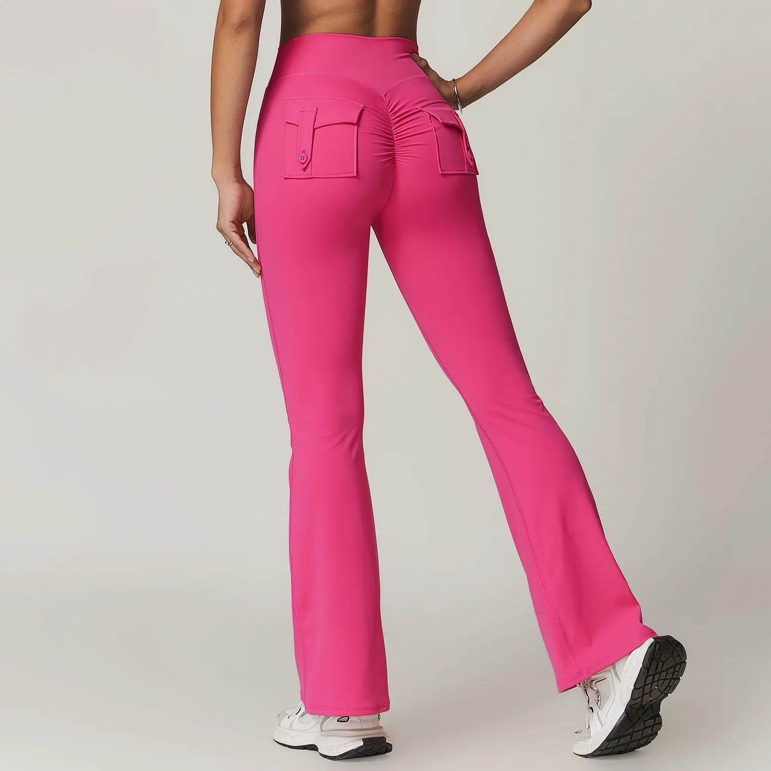 Skinny Solid Color Wide Leg Pants Hip Lifting High Waist Yoga Pants Women Workwear Pocket Micro Flare Slim Sports Fitness Pants