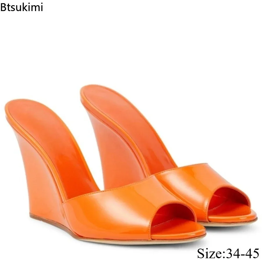 Women Leather Wedge Heels Mule Slippers Summer Open Toed Round Toe Slip on High-heeled Sandals Fashionable Party Vacation Shoes