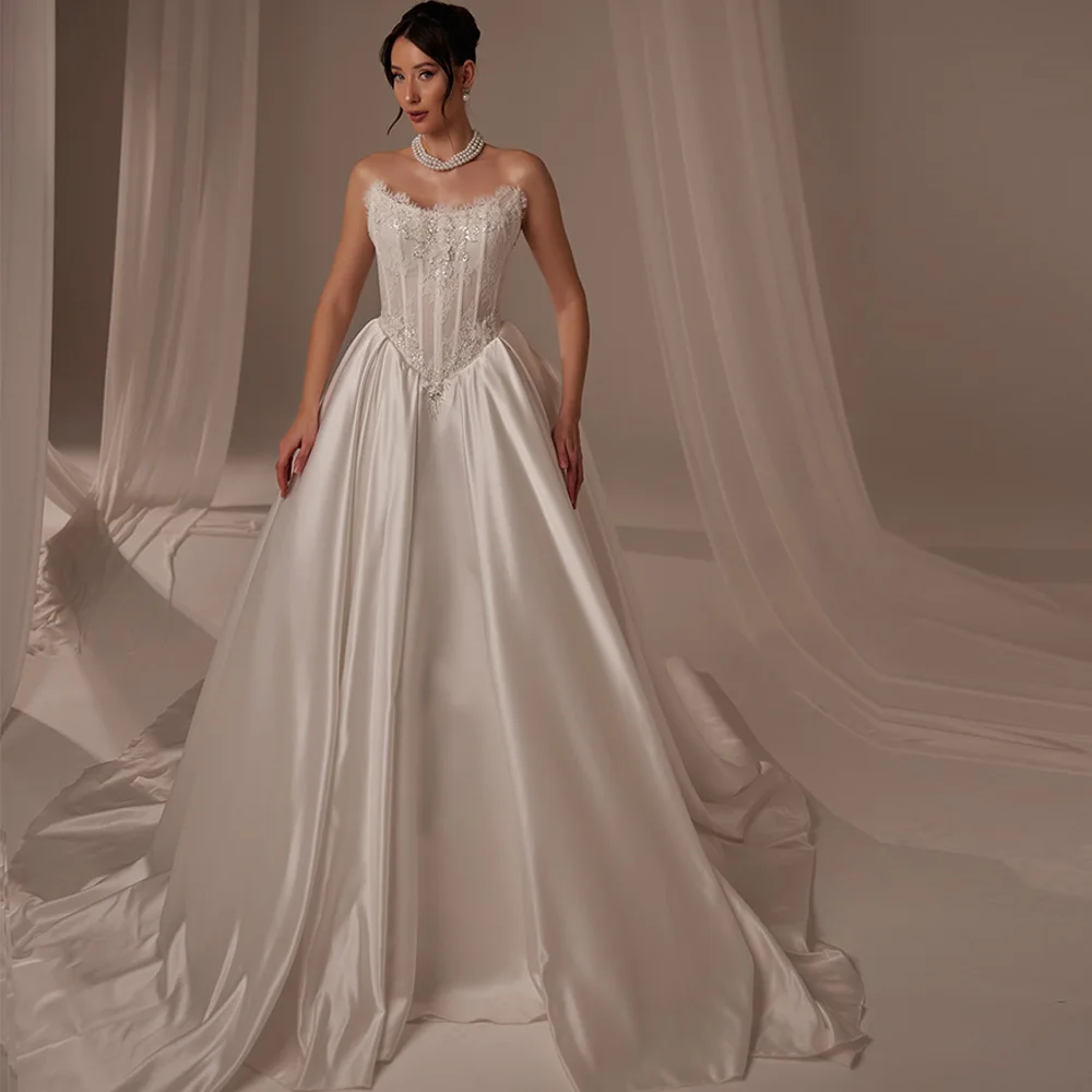 Simple Customized Satin A-Line Vestido De Novia High Quality Appliques Strapless Wedding Dress Elegant Lace Up Back Bridal Gowns