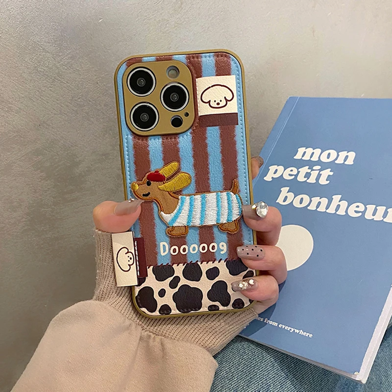 Lovely Embroidered Puppy Dog Leather Drum Bag Case For iPhone 11 12 13 14 15 16 17 Pro Max Shockproof Phone Back Cover