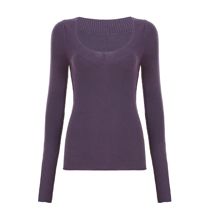 Suéter básico jersey púrpura Color sólido ajustado con cuello en V Top de punto Otoño Invierno prendas de punto Retro ropa de calle informal