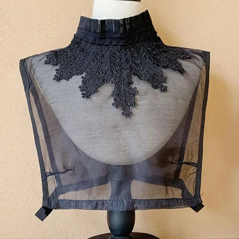 R1WE بلوزة نسائية أنيقة شفافة من الأورجانزا بياقة كاذبة قابلة للفصل مطرزة بأوراق دانتيل وحامل مكشكش نصف قميص ديكي