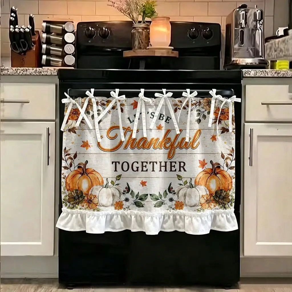 1pc Farmhouse Fall Harvest Kitchen Stove Oven Valance, 2D Printed Let Us Be Thankful Together Autumn Home Decor Curtain for Dishwasher Microwaves Cabinet Kitchen Sink, Festival Gift
