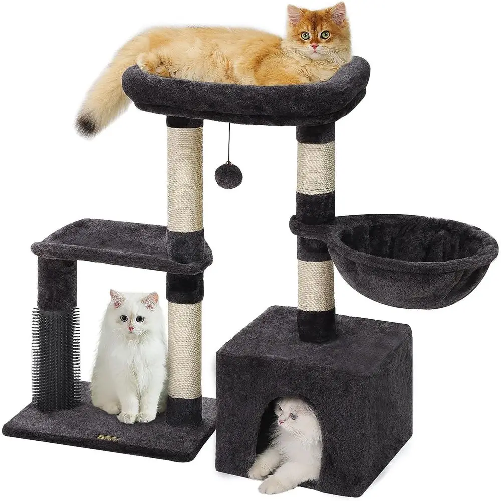 

32-дюймовая когтеточка-башня для кошек с сизалевой стойкой, уютным домиком, гамаком, массажной щеткой, плюшевой лежанкой и подвесным шариком для котят