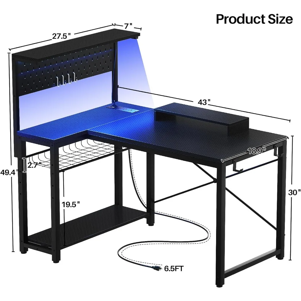 43 Inch L-Shaped Gaming Desk with Power Outlets, LED Light, Monitor Stand and Storage Shelf