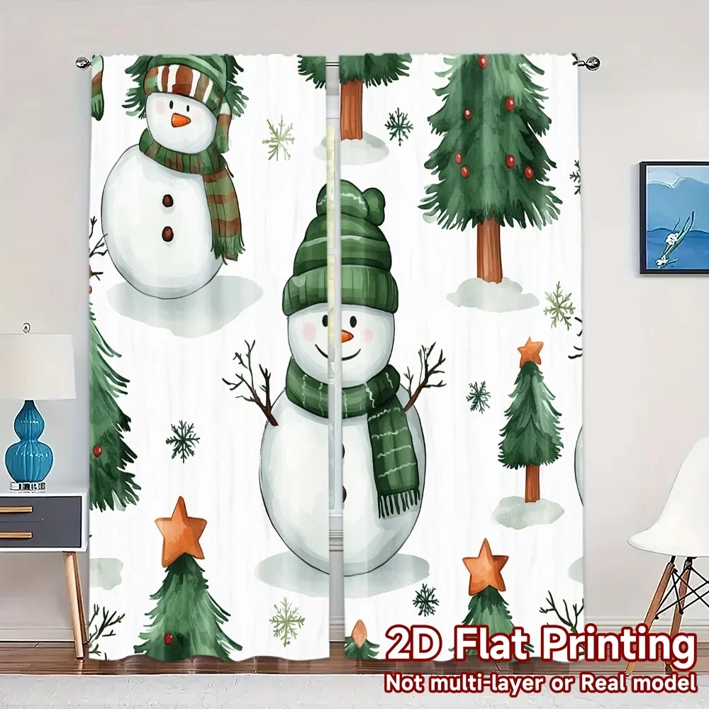 2pcs,Curtains Cute Snowman Christmas Trees Modern Minimalist Curtains Durable 100% Polyester Fabric Curtains Decorations Inside