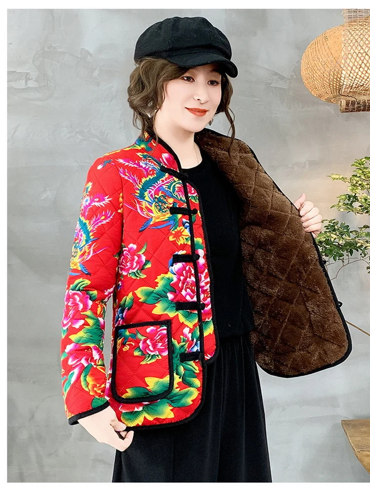 

Thiened Fce Winter New Sle Tang Suit Qipao Cotton Jaet Northeast Big Flower Embroidery Stand Collar Button up Women'...