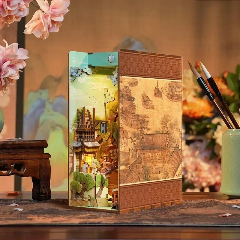 

DIY Wooden Book Nook Shelf Insert Kit, Chinese Ancient Town Bookends Miniature Building Kits Bookshelf Doll Houses Friends Gifts